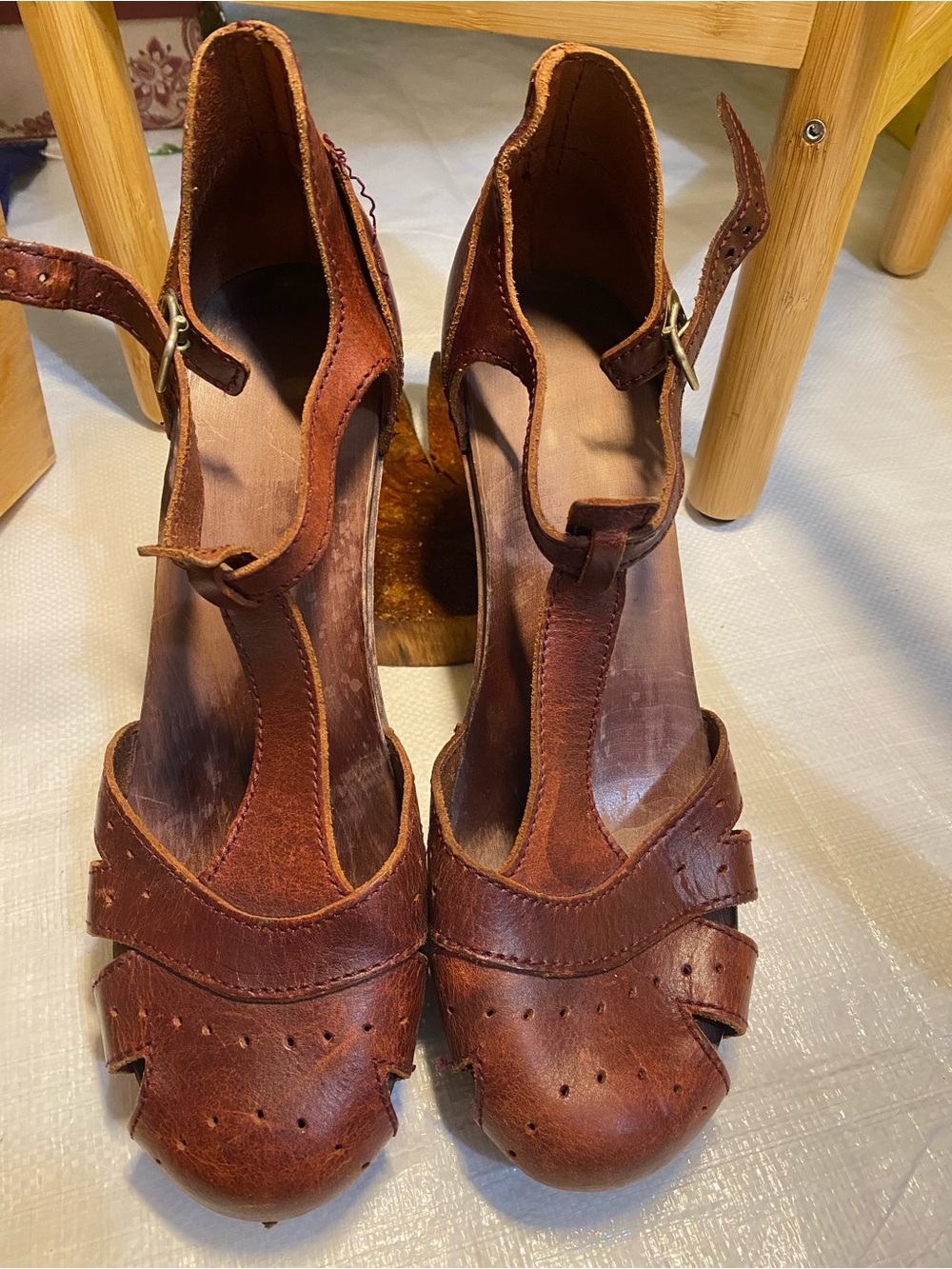 Swedish Hasbeens Brown Leather T‑Strap Heels